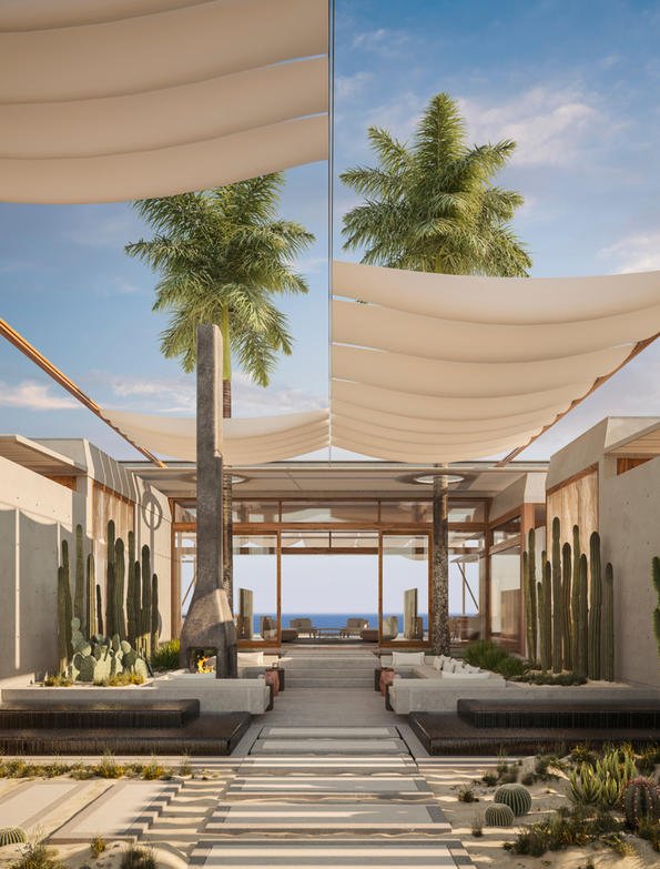 Courtyard of a luxury villa at Aman Mexico. 